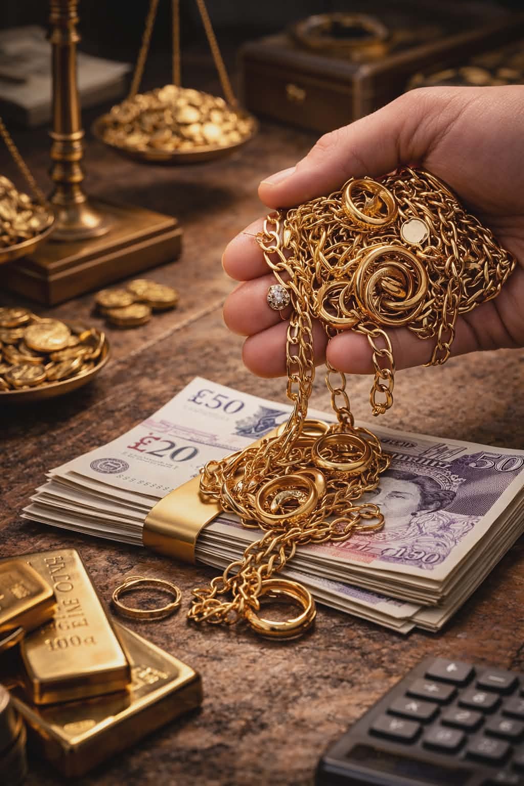 Gold chains, coins and cash prepared for a jewellery valuation