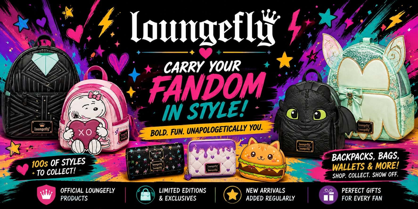 Loungefly backpacks, bags and wallets with the line Carry your fandom in style