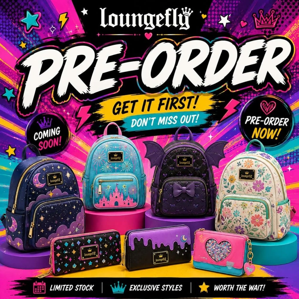 Loungefly pre-order display of upcoming backpacks and wallets
