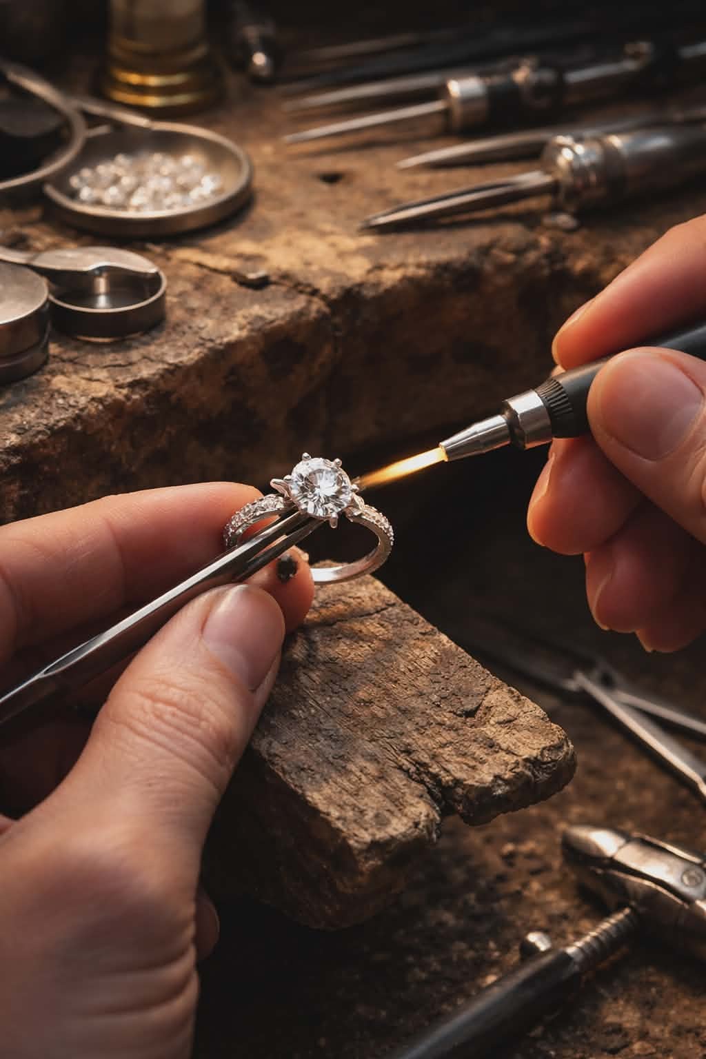 Jeweller setting a diamond ring at the workbench